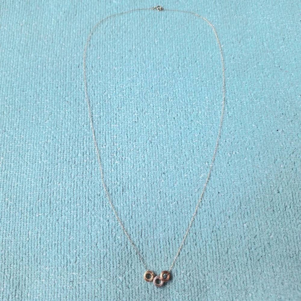 14K Tricolor White, Rose, Yellow Gold Donut Circles Solid Gold Dainty Necklace - Picture 2 of 5